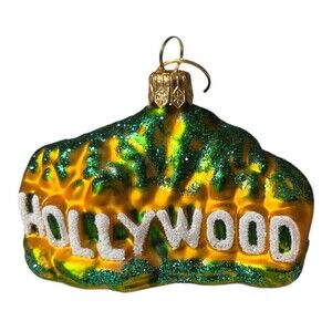 Hollywood Sign Blown Glass Ornament Hand Painted Old World Christmas 3 x 2"